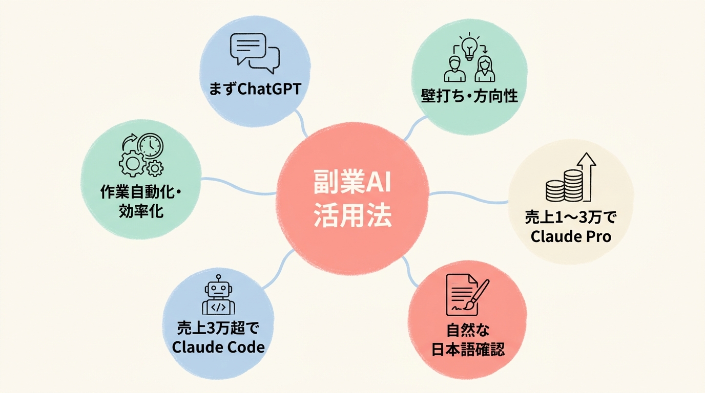 まとめ:ChatGPT Plus(月3,000円)から始めて、月3万円稼いだらClaude Code(月100ドル)へ